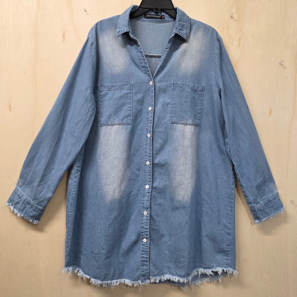 Zilcremo Womens Blue Denim Button Down Shirt Dress Frayed Hem XL